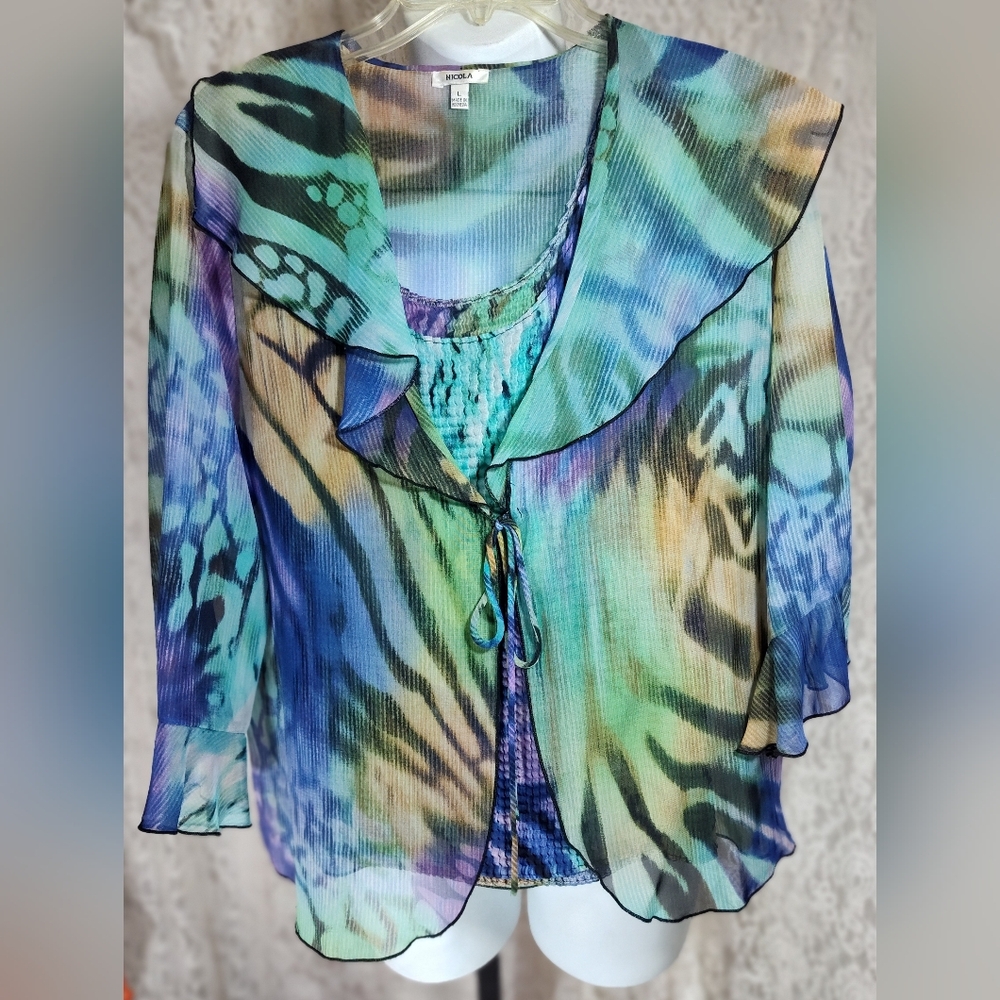 NICOLA Blue and Green Sheer Women's Blouse Set